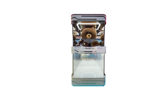 Compact single cabinet, frosted acrylic + multicolor neon LEDs (red/blue/white), plush bear on top Model A-03