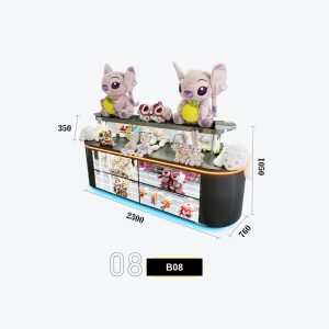 B08 Curved 2-Tier Island Showcase with Oversized Plush Display Top & Glass Cubbies Model B-08