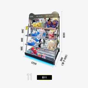 B11 Best Sellers" 4-Tier Angled Plush & Toy Display Rack with Mirror Backing Model B-11