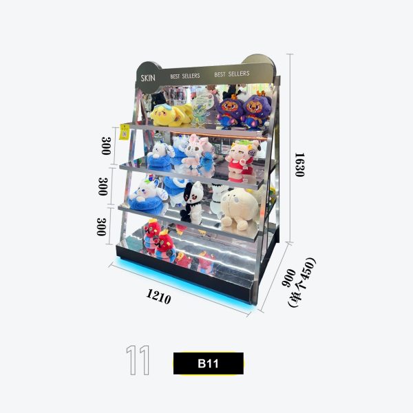B11 Best Sellers" 4-Tier Angled Plush & Toy Display Rack with Mirror Backing Model B-11