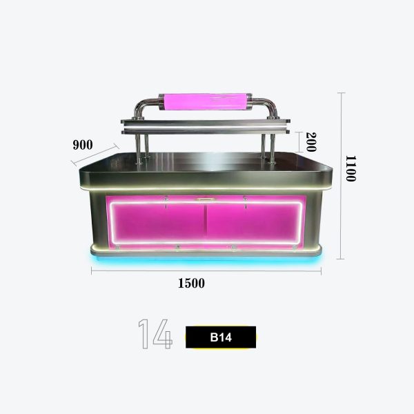 B14 LED-Lit Retail Counter with Overhead Pipe Frame & Illuminated Neon Signage Model B-14