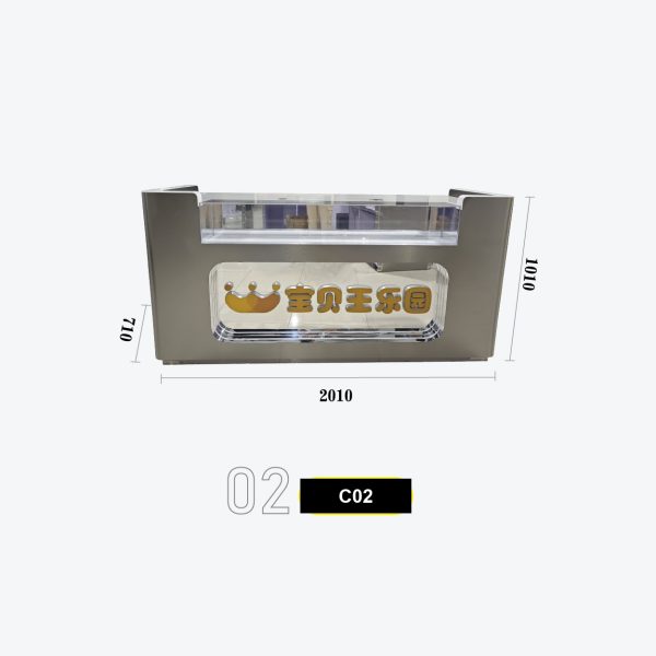C02 L-Shaped Corner Reception Desk with Acrylic Logo Crown and Glass Display Top for Family Entertainment Centers Model C-02