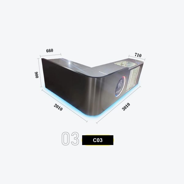 Modern L-Shaped Game Center Counter with Illuminated Logo and Glass Prize Cabinet Model C-03