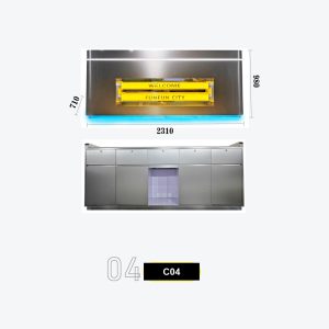 C04 Industrial Pipe-Style Welcome Counter with Yellow Neon WELCOME Sign and Steel Storage Back Model C-04