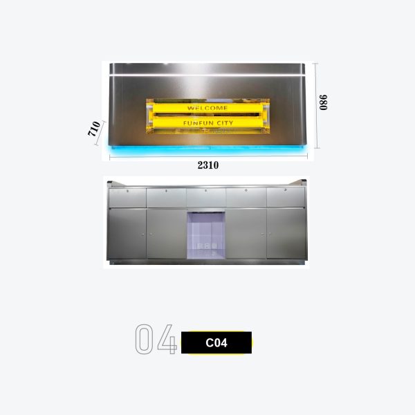 Industrial Pipe-Style Welcome Counter with Yellow Neon WELCOME Sign and Steel Storage Back Model C-04