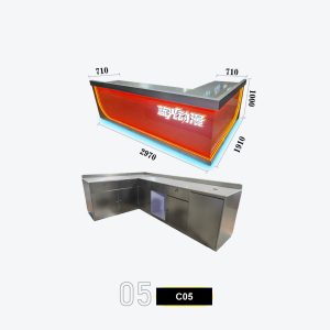 C05 L-Shaped LED Service Counter with Red Translucent Front and Yellow Neon Edges for FECs Model C-05