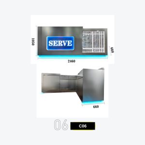 C06 Arcade Service Counter with Blue Neon SERVE Sign and Industrial Cage Display Section Model C-06
