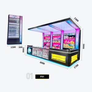 Large Arcade Front Desk Gift Redemption Counter Combo - Sloped Canopy Top with Pink Neon Accents, Multi-Bay Glass Display Cabinets and Refrigerated Storage for Plush Toy Prize Walls Model F-01
