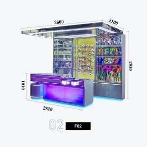 L-Shaped Neon Arcade Service & Redemption Counter Combo with Curved Bar Front and Yellow Accent Display Wall - Purple Pink Blue RGB LED Lighting for Modern FEC Model F-02