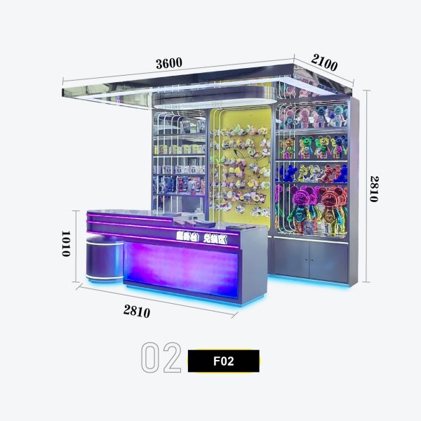 L-Shaped Neon Arcade Service & Redemption Counter Combo with Curved Bar Front and Yellow Accent Display Wall - Purple Pink Blue RGB LED Lighting for Modern FEC Model F-02
