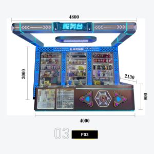 Cyberpunk Blue Sci-Fi Arcade Service Counter Combo with Hexagonal Panel Base and Overhead Directional Arch - 'Service Counter' LED Signage for Game Center Model F-03