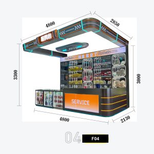 Industrial Orange-Black Cargo Style Arcade Service Counter Combo with Overhead Directional Arch - 'SERVICE' LED Sign and Rounded Square Display Cabinets Model F-04
