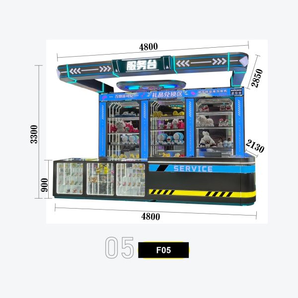 F05 Construction Site Caution Tape Style Arcade Service Counter Combo - Yellow Black Hazard Stripe, Overhead Arrow Arch, Three Refrigerated Display Cabinets and Plush Toy Shelves Model F-05