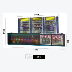 Concert Stage Light Style Arcade Gift Redemption Counter Combo - Three Tower Glass Display Columns with Yellow Neon Caps, RGB Pixel Matrix Counter Panel and Side Refrigerated Cases Model F-06