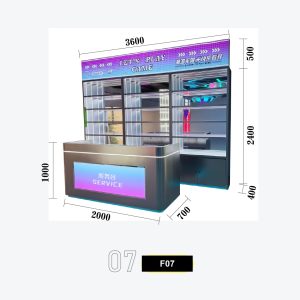'Let's Play Game' Pink Purple Blue Gradient Arcade Service Counter Combo with Glass Display Back Wall and Metallic Counter - Bilingual Service Sign for Family Entertainment Center Model F-07