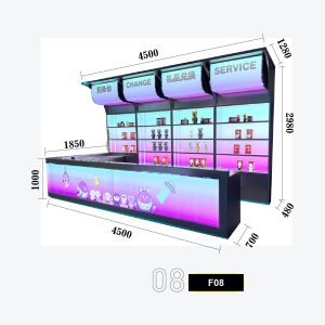 Wide Four-Bay 'SERVICE / CHANGE / Gift Redemption' Arcade Counter Combo with Triple Overhead Illuminated Sign Panels, Pink Cyan Gradient Lighting and Cartoon Character Front Panel Model F-08