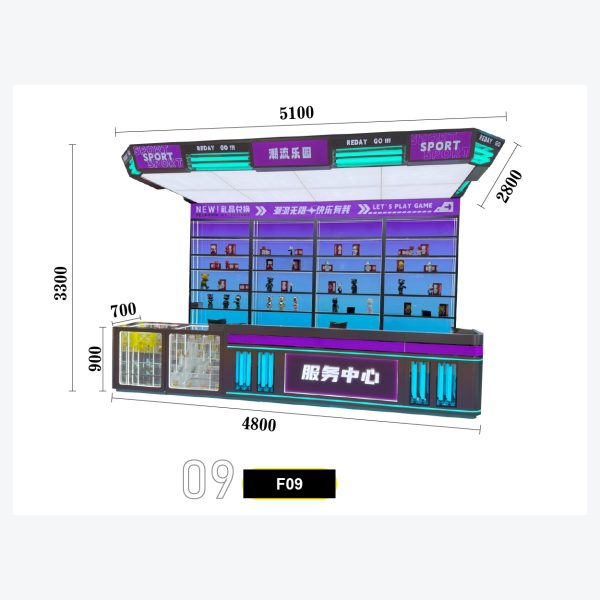 Tech Sci-Fi Blue Silver 'GIFT REDEMPTION' Arcade Counter Combo - Checkered Accent Header, Three Glass Display Cabinets with Plush Toys, Futuristic Arrow LED Counter and Side Refrigerated Case Model F-10