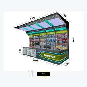 Flagship Oversized Arcade Gift Redemption Counter Combo - Sloped Angled Canopy with Green Teal LED Strip Ceiling, Scrolling 'LET'S PLAY GAME' Text, Four-Bay Display and Large SERVICE Front Sign Model F-11