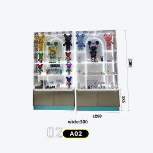 和禧潮尺寸图A系列-02 Twin-column transparent acrylic cabinet, LED backlit, Bearbrick/figure display, metal base cabinet Model A-02