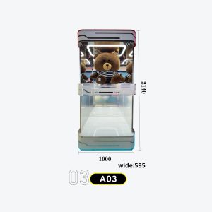 Compact single cabinet, frosted acrylic + multicolor neon LEDs (red/blue/white), plush bear on top Model A-03