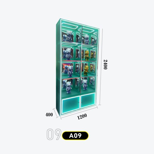 和禧潮尺寸图A系列-09 Twin-door 4-tier mint green LED cabinet, mirror back panel + LED strips, lower storage Model A-09