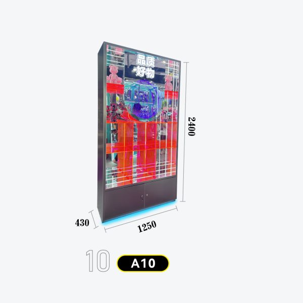 和禧潮尺寸图A系列-10 Large single-door mirror-back cabinet with red neon LEDs and branded signage, high capacity Model A-10