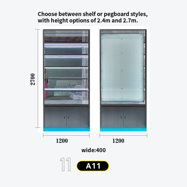 和禧潮尺寸图A系列-11 5-tier tall cabinet, lower storage + blue LED base lighting, minimalist metal-gray frame Model A-11