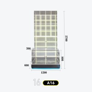 和禧潮尺寸图A系列-16 Tall square grid wall + counter base combo cabinet, multi-grid design with LED strips Model A-16