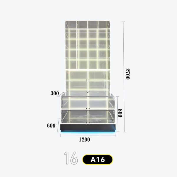 和禧潮尺寸图A系列-16 Tall square grid wall + counter base combo cabinet, multi-grid design with LED strips Model A-16