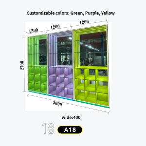 Large 3-section color-block LED wall (green/purple/yellow), cubby grid design with mirror panels Model A-18